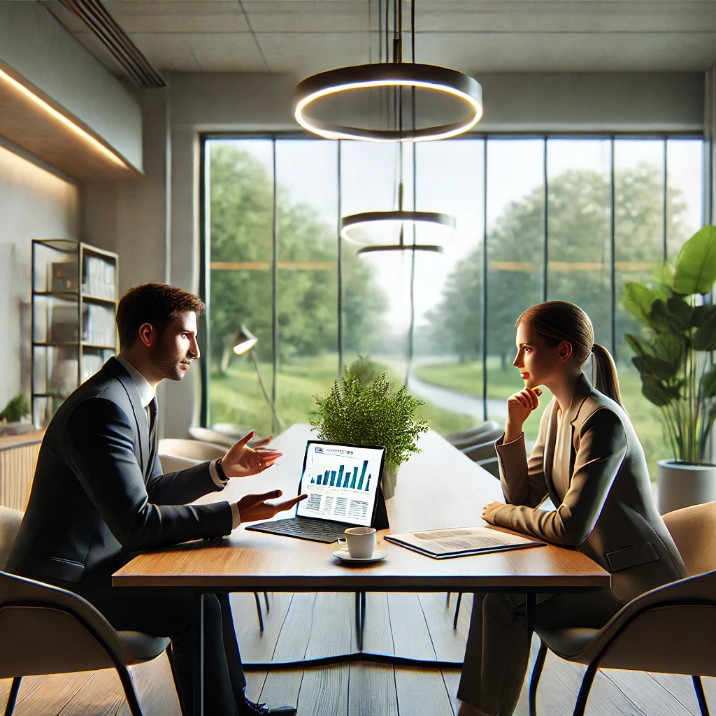 AI generated image of man and woman sitting during a meeting