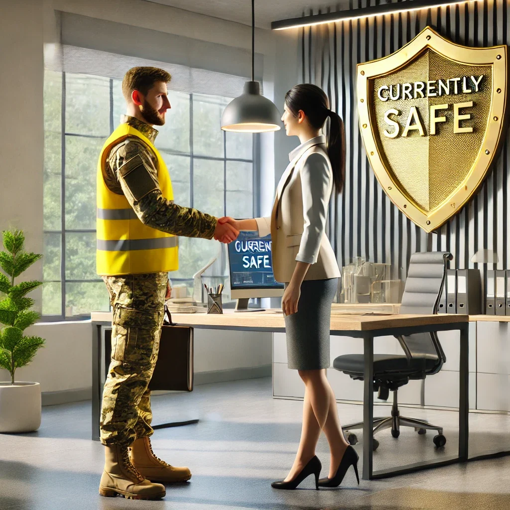 Ai image man and woman handshake company shield logo in background